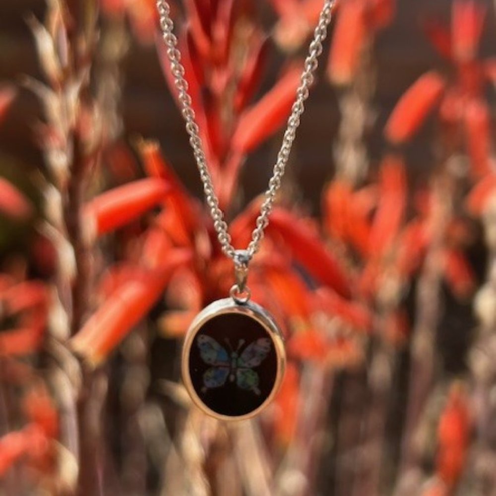 Fire Opal Mosaic Inlaid Oval Black Onyx Butterfly Pendant NECKACE - Picture 6 of 7